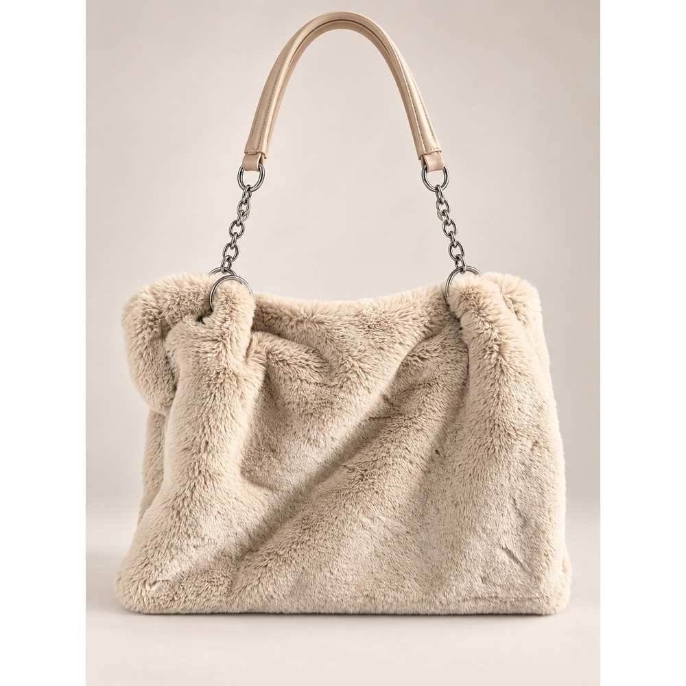 House of Harlow 1960 Cream Faux Fur Tote Bag Chain Handle Shoulder Bag